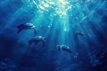 Fototapeta premium Realistic underwater scene featuring sea turtles captured mid-motion from below