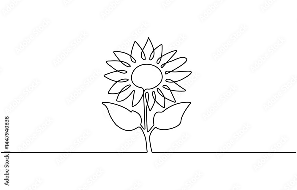 Poster sunflower continuous one line drawing and minimalist style isolate outline vector icon