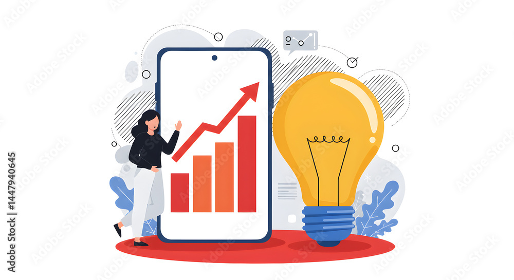 Poster rising bar graph on mobile phone screen with lightbulb and a woman in a modern design