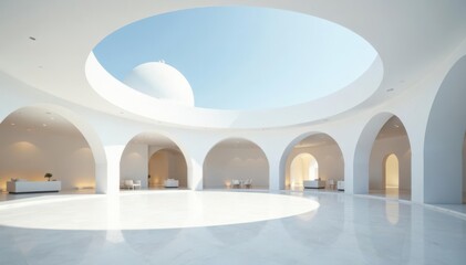 White circular building, bright background Smooth curves, elegant appeal , lines, elegant, curves