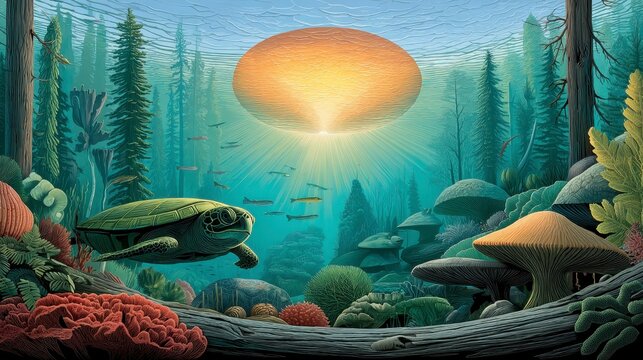 Vibrant natural scene depicting symbiotic relationships & resource replenishment Sustainable growth, thriving ecology - plants water parasitism