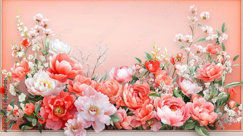 Poster silver frame featuring lush peonies and trailing greenery on a soft peach background