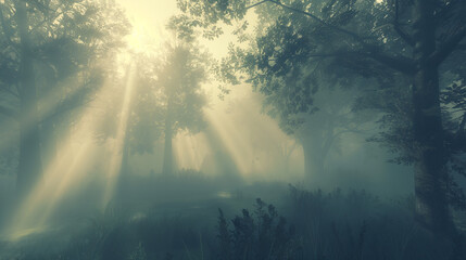 serene forest clearing at sunrise, soft morning mist, gentle light rays filtering through trees