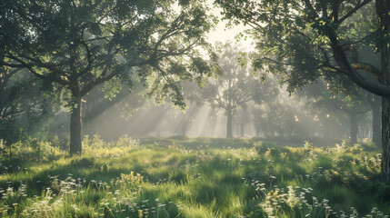 serene forest clearing at sunrise, soft morning mist, gentle light rays filtering through trees