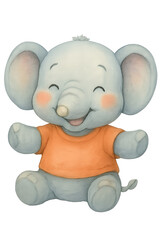A cute, chubby baby elephant cartoon character, sitting down and smiling happily.