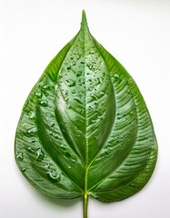 Betel leaf with water droplets on a white background, close-up, fresh and clean style, ideal for traditional Thai herbal branding.