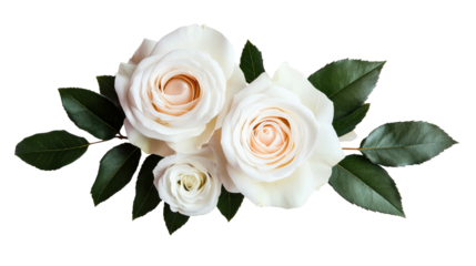Arrangement of elegant white rose blooms and foliage. cut out transparent