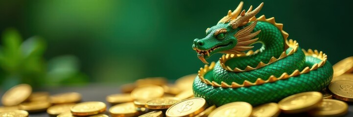 Fototapeta premium Emerald dragon coiled atop glittering gold coins, stack, fiery, fortune
