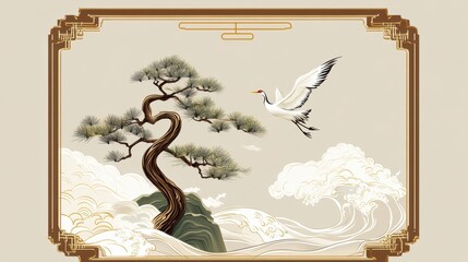 Japanese-style painting of a crane and pine tree