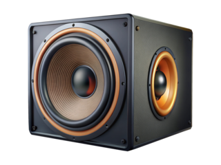 Square black subwoofer with dual speakers and bronze color accents