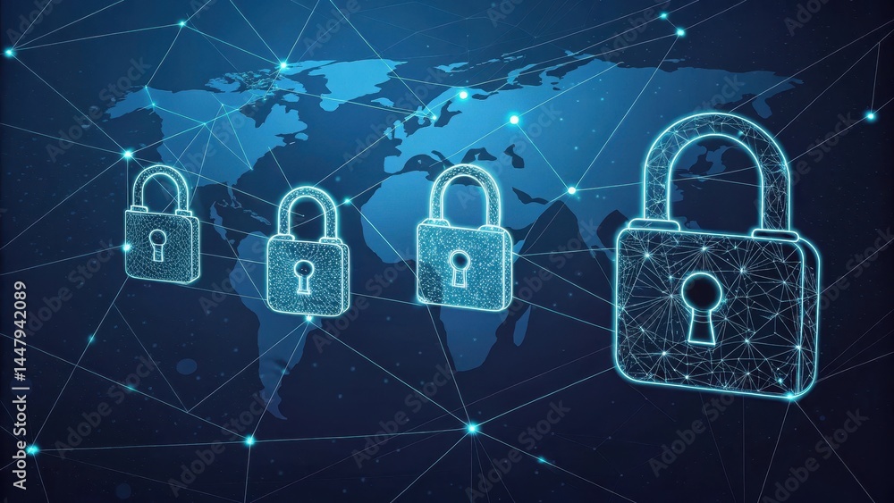 Poster digital padlocks over a world map symbolize global cybersecurity and data protection in a connected 