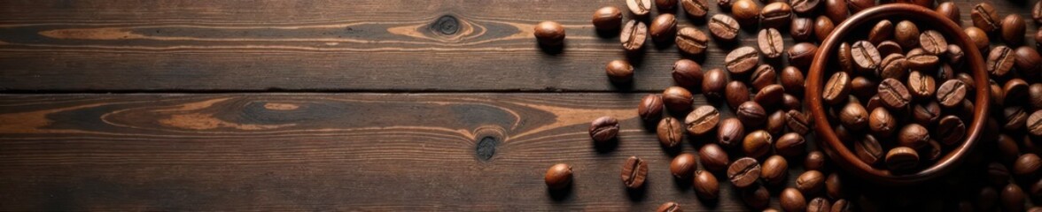 Naklejka premium Dark roasted coffee beans scattered on wide plank dark oak wood , caffeine, texture, wide plank wood