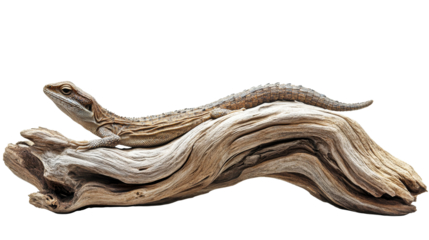 Water Dragon lounging on weathered driftwood. cut out transparent