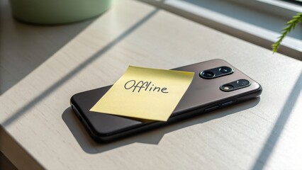 A smartphone with a sticky note labeled "Offline" rests on a sunlit desk near a window.