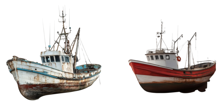 Set of A red fishing trawler boat with a full fishing net aboard transparent png background. Ai generated