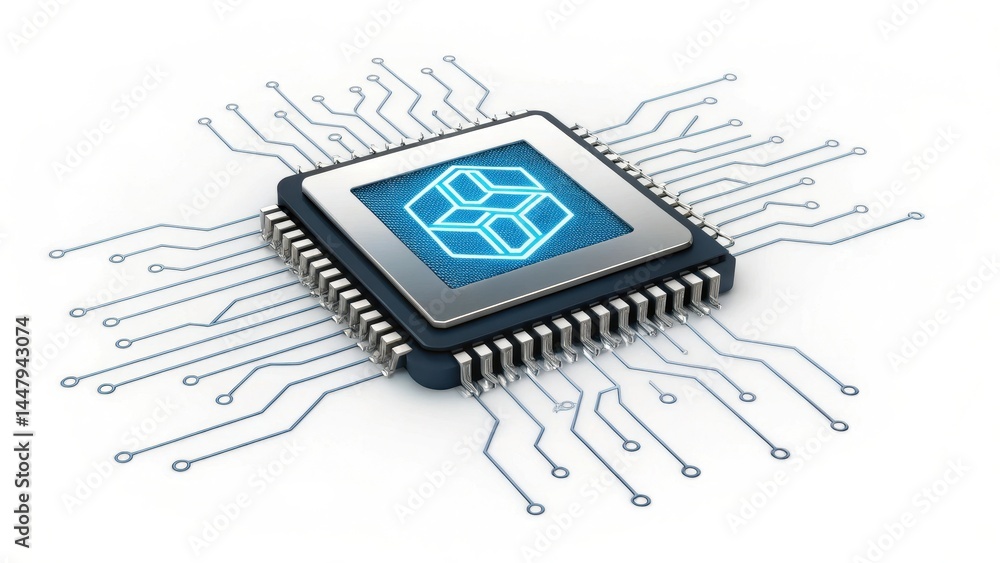Poster a microchip with digital circuitry and a blue geometric symbol in the center, representing modern te