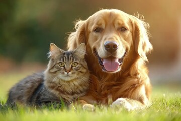 Fototapeta premium Dog and cat laying in the grass
