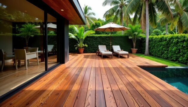 Modern home's ipe wood deck, tropical hardwood, low angle , deck design, tropical, ipe wood