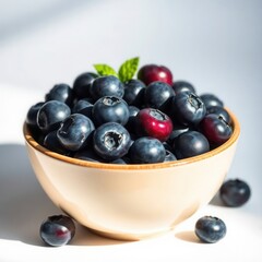 Fototapeta premium Bowl overflowing with vibrant, fresh blueberries, some red, with mint garnish on a clean surface.