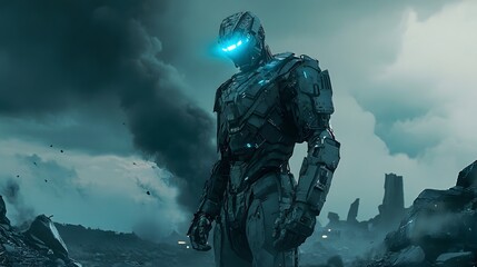 Cybernetic Soldier in Post-Apocalyptic Landscape: A towering cybernetic soldier, with piercing blue eyes, stands amidst a desolate and post-apocalyptic landscape.