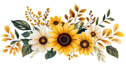 Sunflower and blossom cluster with foliage accent, cut out transparent