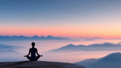 Obraz premium A person meditates on a mountain at sunrise, surrounded by peaceful mist and soft pastel colors in the tranquil landscape.