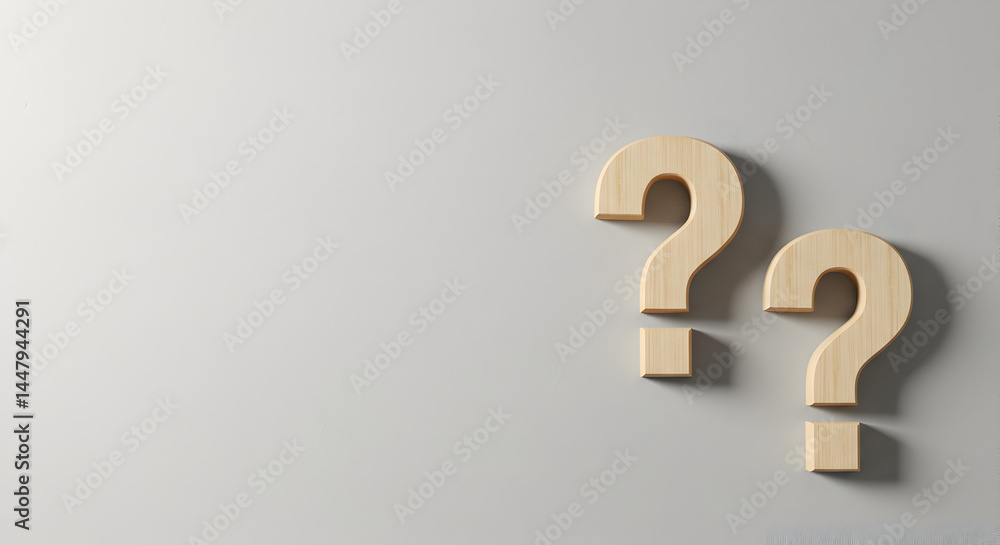Poster two wooden question marks on a gray background with soft lighting and textured surface