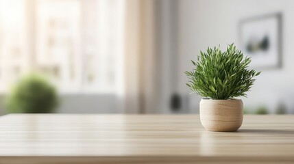 Fototapeta premium Minimalist workspace featuring potted plant on wooden table