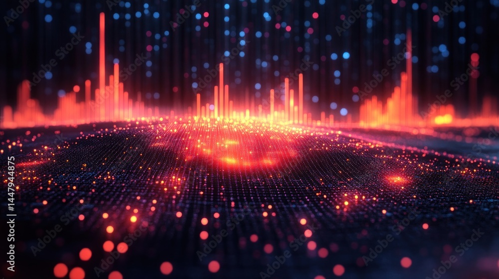 Poster abstract digital landscape: glowing network and data streams