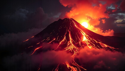 A dynamic volcanic eruption, fiery lava flows from a majestic mountain at sunset, lighting up the sky with vibrant reds and oranges.