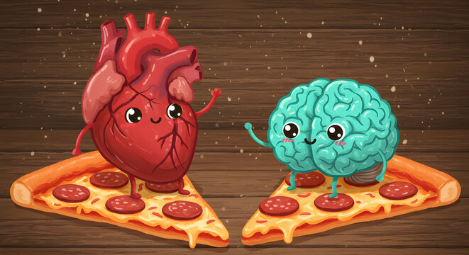Whimsical Cartoon Heart and Brain Characters Enjoying Pizza on a Wooden Background - Powered by Adobe