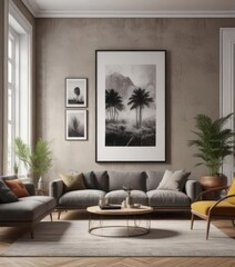 Chic living room with eclectic framed prints, textured wall,  modern interior,  home staging,  modern home
