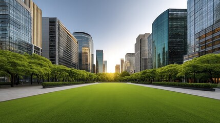 Obraz premium Modern city skyline, three skyscrapers surrounding a vibrant green park Ideal for urban, architecture, and nature themes - grass vibrant towers park
