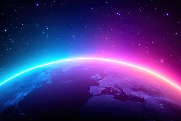Obraz premium A vibrant view of Earth from space with glowing atmosphere and colorful cosmic stars in the background.