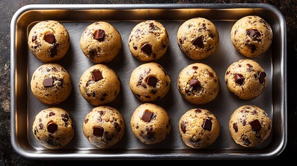 Obraz premium Unbaked chocolate chip cookie dough balls on a baking tray