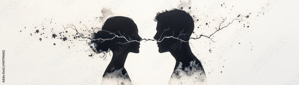 Poster an artistic representation of two silhouettes connected by a lightning-like spark.