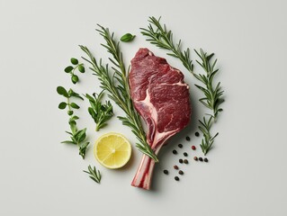 Succulent raw meat with fresh herbs and lemon on a light background.