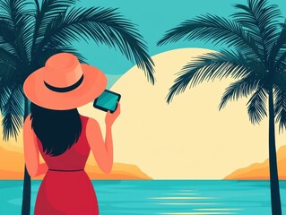 A woman enjoying a sunset view at the beach with palm trees and ocean.
