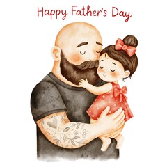 Cute watercolor illustration of father and daughter hugging. Cute dad and little daughter for Father’s Day greeting card.