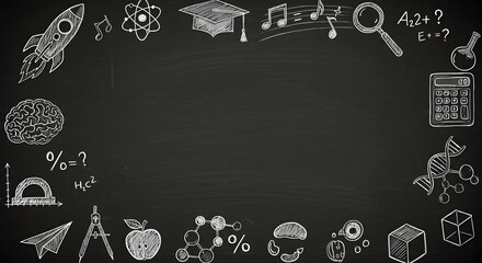 Black Chalkboard with White Education Doodles Frame Border with Learning Symbols and School Related Icons