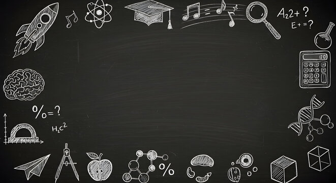 Black Chalkboard with White Education Doodles Frame Border with Learning Symbols and School Related Icons - Powered by Adobe