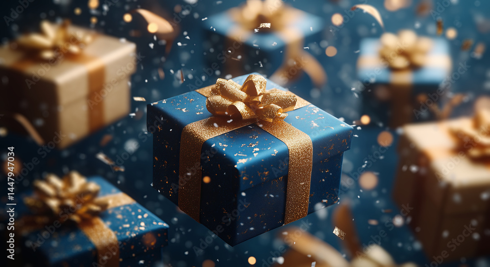 Poster brightly wrapped gift boxes adorned with elegant bows float against a backdrop of sparkling confetti