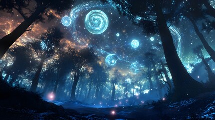 Enchanted Forest: A mesmerizing illustration of an enchanted forest bathed in ethereal light, with glowing celestial orbs suspended amidst the silhouettes of ancient trees.