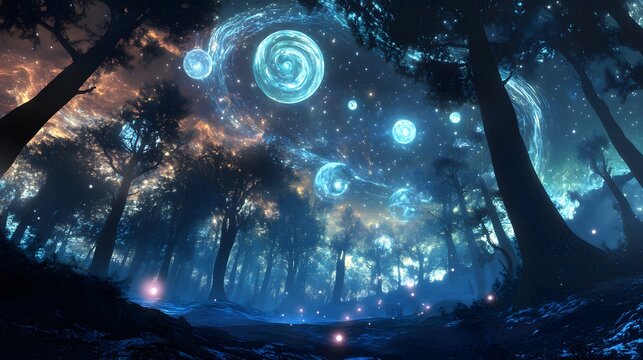 Fototapeta Enchanted Forest: A mesmerizing illustration of an enchanted forest bathed in ethereal light, with glowing celestial orbs suspended amidst the silhouettes of ancient trees.