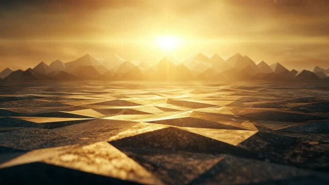 Golden geometric landscape featuring low poly mountains radiant sunset, creating stunning serenity.