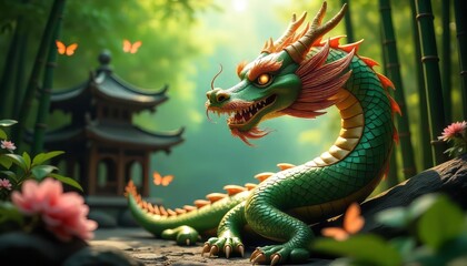Fototapeta premium Green Dragon in Bamboo Forest