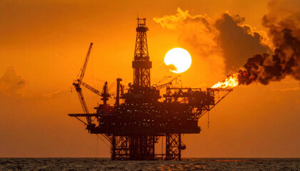 Obraz premium Oil Rig at Sunset with Orange Sky and Flames on the Horizon