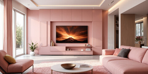 High-tech living room in blush pink, featuring AI-powered entertainment systems that adjust based on user preferences and smart furniture that