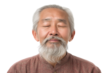 elderly man with long white beard, closed eyes and peaceful expression isolated on white transparent background