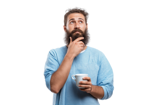 contemplative man holding cup and looking up in thought isolated on white transparent background